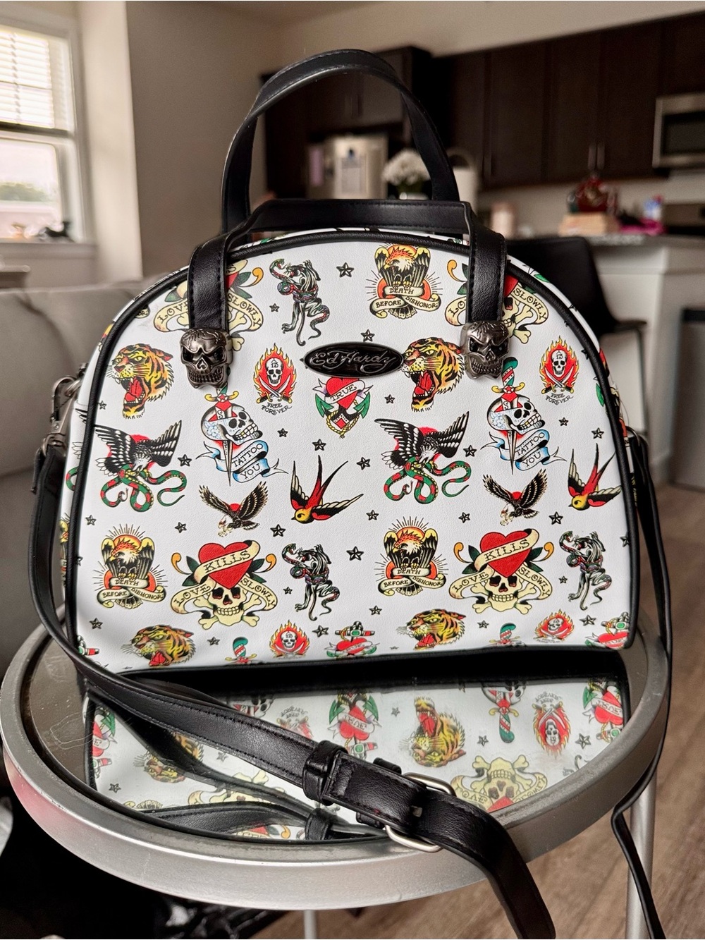 Ed Hardy White Tattoo Print Skull Hardware Satchel Crossbody Bag Y2K NWT